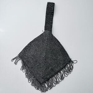 Black & Silver Beaded Slinky Handbag Tassels Square Formal Flapper Evening Bag